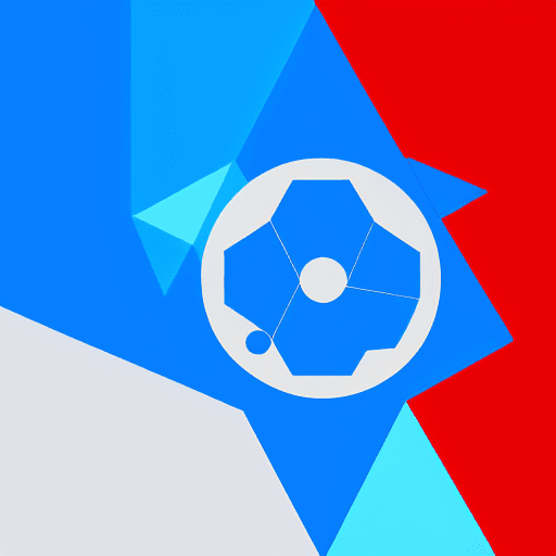 AI generated: pictorial mark for a computer operating system: simple, blue and red colors, tecnnology, futuristic,...