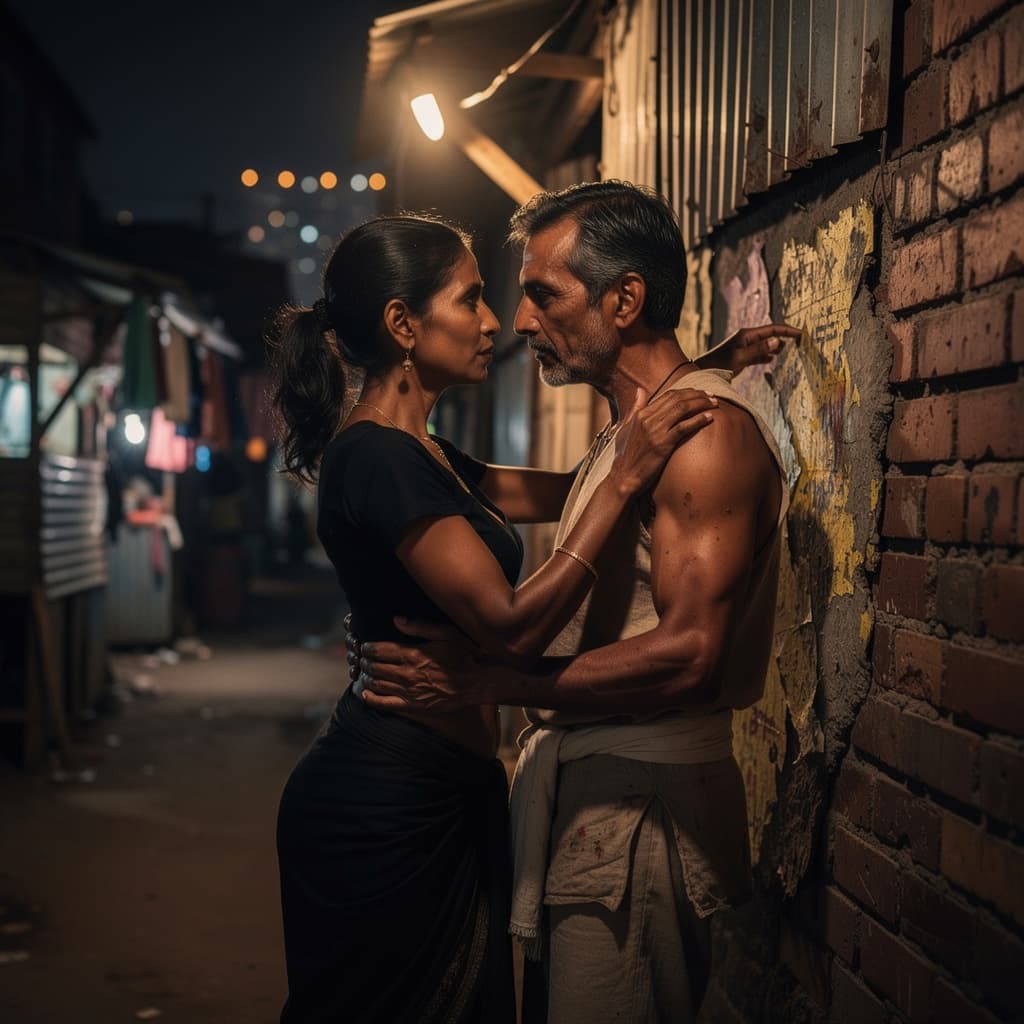 AI generated: night in Indian slum :-a romantic scene A 46 years old brown skin warrior man husband with her stron...