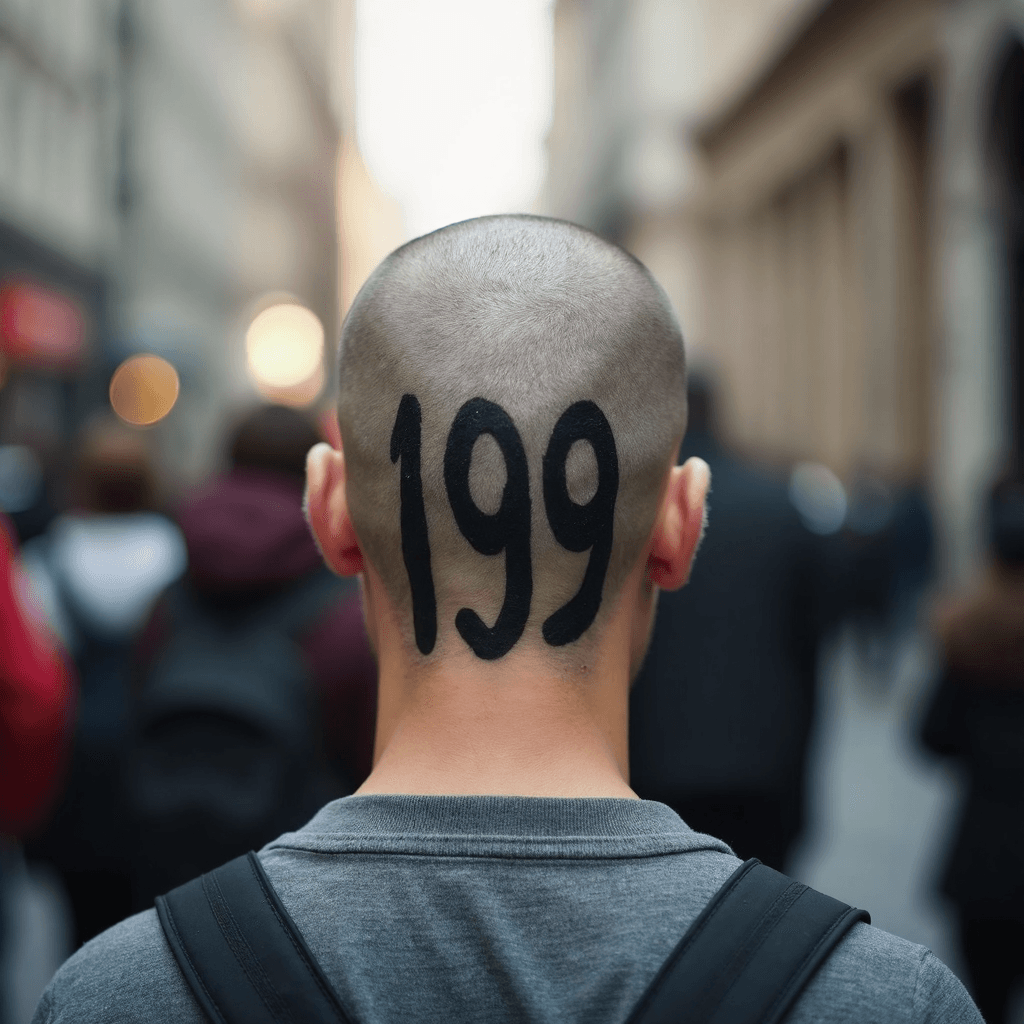 AI generated: a man walks down the street with a large number "199" shaved on the back of his head, focus on the n...