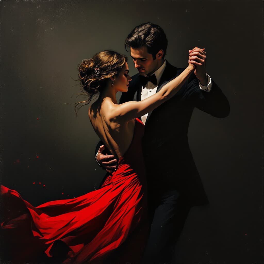 AI generated: An oil painting man and woman are dancing the tango, both dressed in formal attire with the woman we...