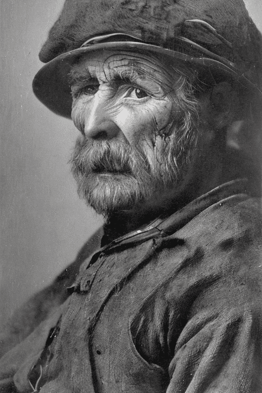 AI generated: a portrait of an old coal miner in 19th century