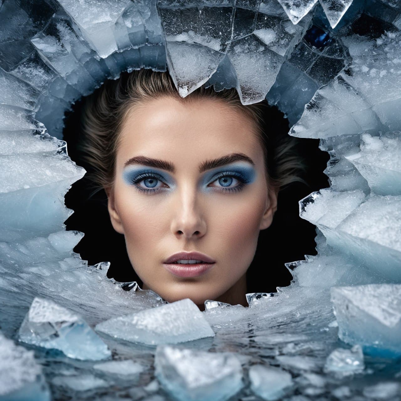 AI generated: Icy queen awakens as seen through cracked ice, snow, frost, winter, blue hue, high definition, (Mast...