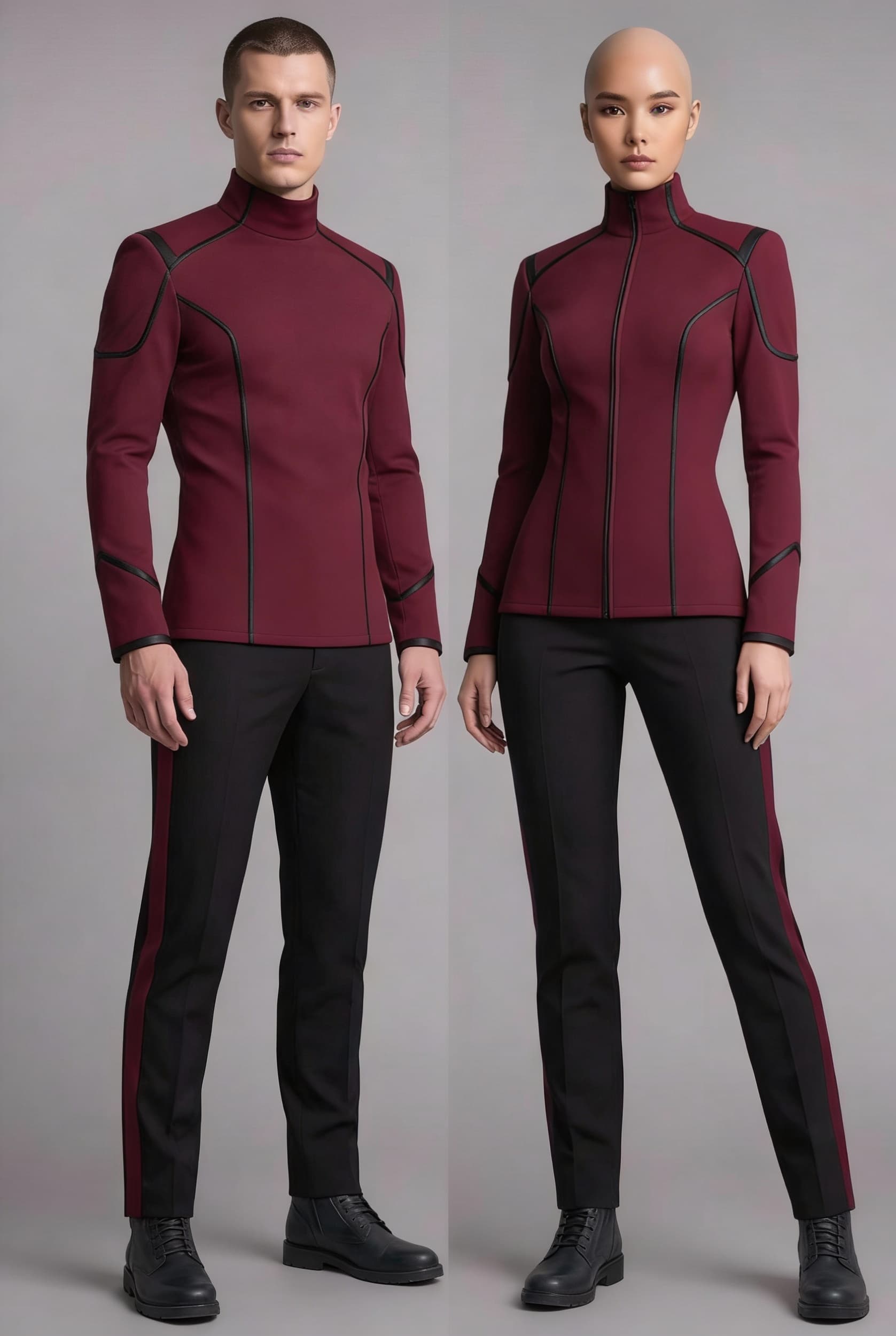 AI generated: Create a Sci-Fi uniform. Use the reference image and turn all blue to red. The color of the uniform ...