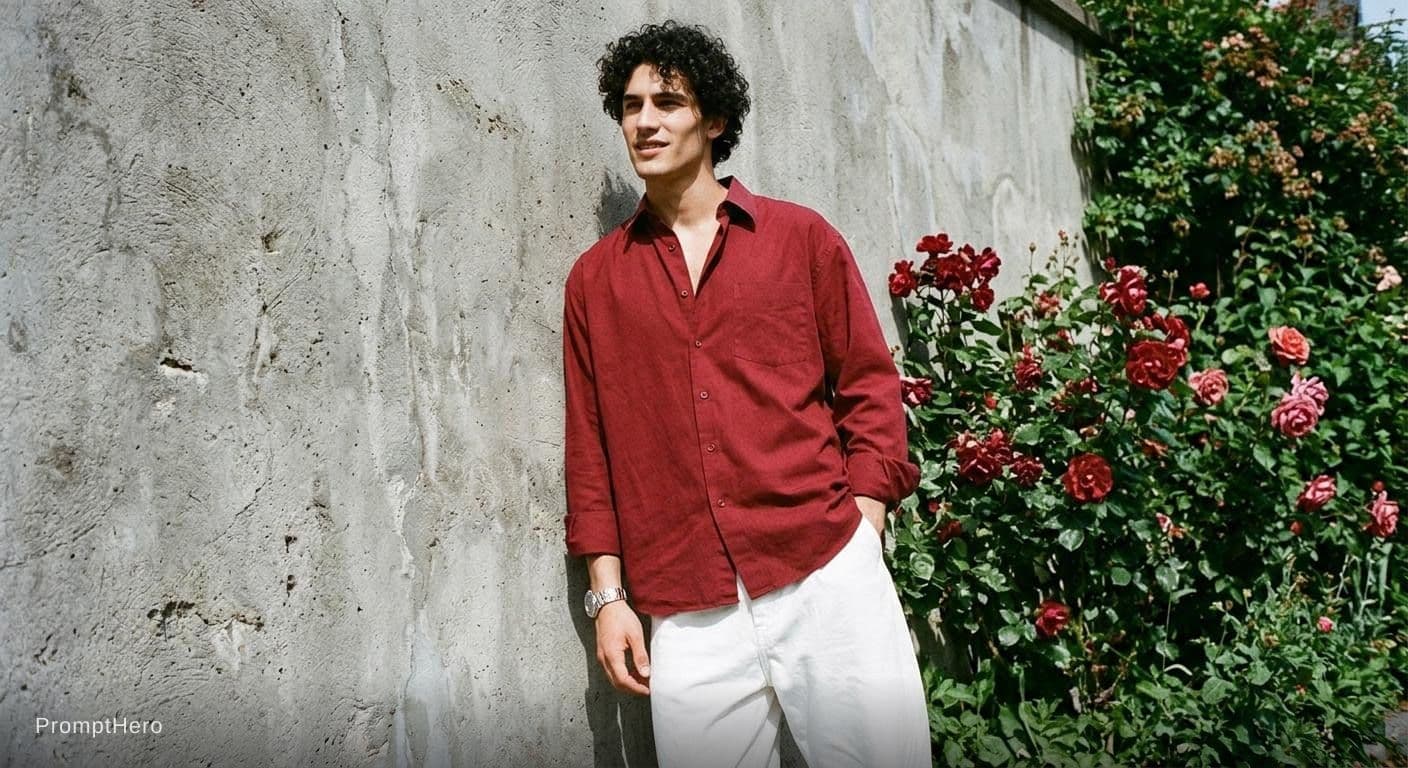 AI generated: confidence actions of a young man (refrence image given) with wearing an oversized dark red shirt wi...