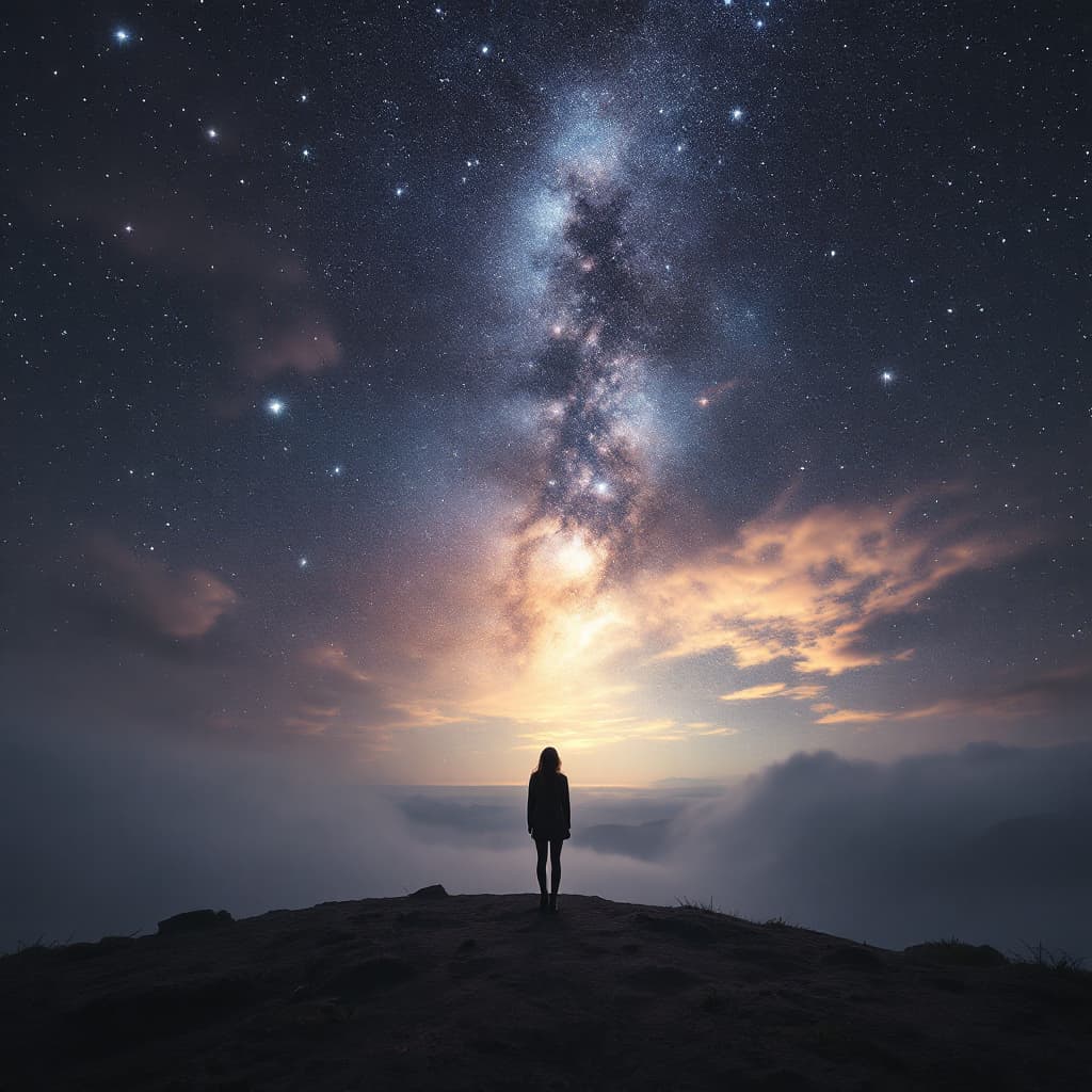 AI generated: A woman standing under a infinite sarry sky, the point of view is low on the ground level from behin...