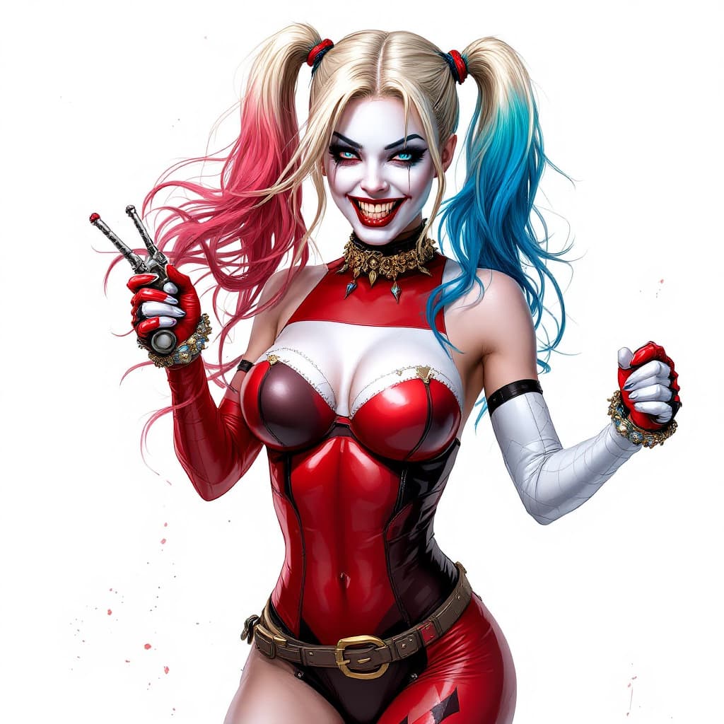 AI generated: 
Harley Quinn full body long shot, original  costume, deviant smile,  in the  style  of frank Cho, c...