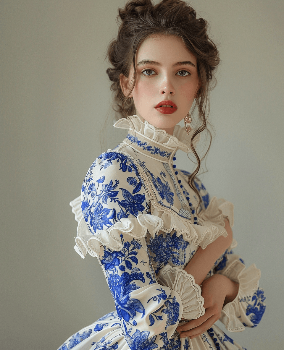 AI generated: woman dressed in a dress with blue and white prints, in the style of delicate details, oshare kei, b...