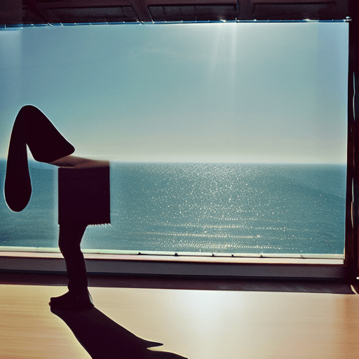 AI generated: overlooking the ocean, daylight, indirect lighting, AD magazine, bunny ears, black clothes