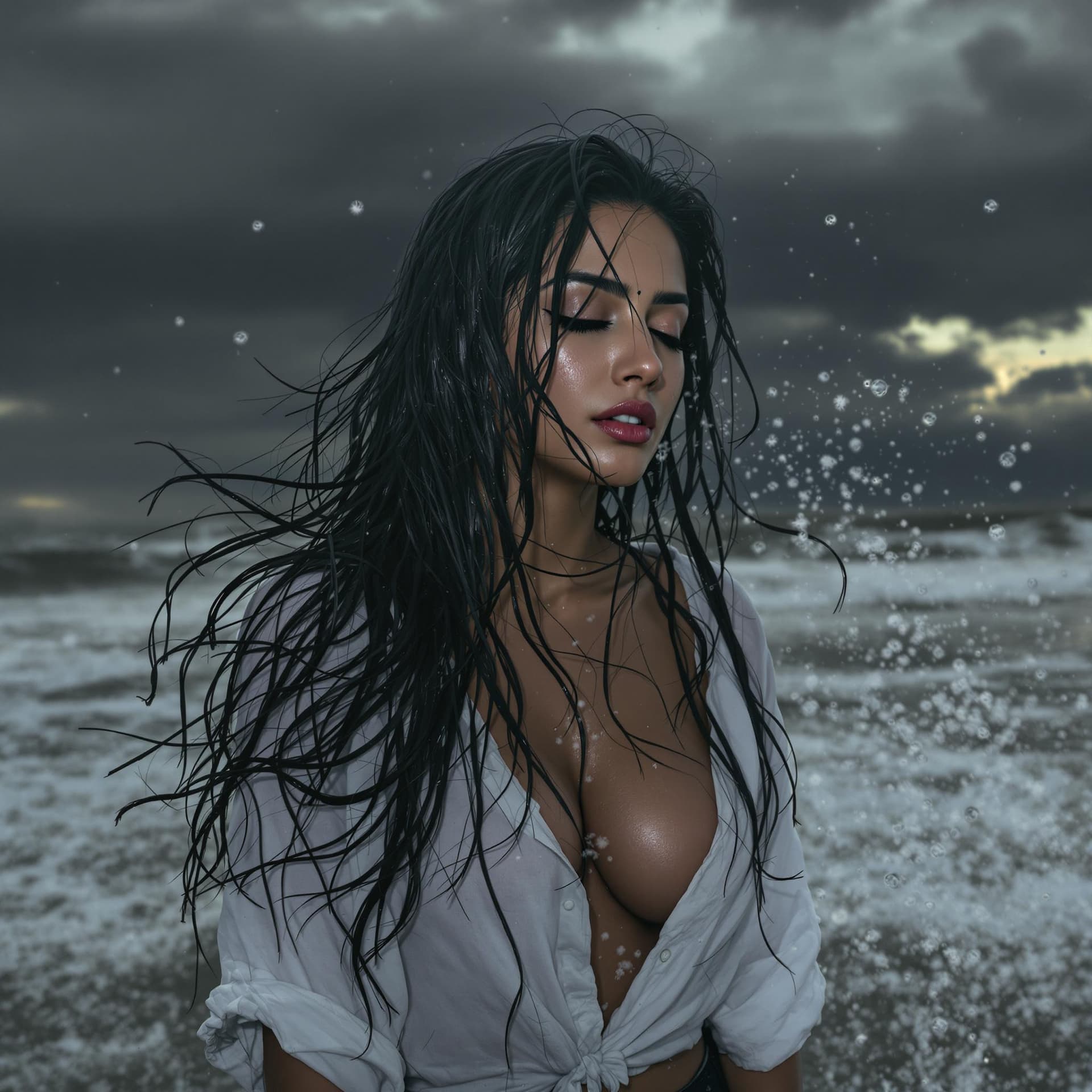 AI generated: HDR photo of Indian woman, long black hair, eyes closed, beautifully fit body, wearing black jeans a...