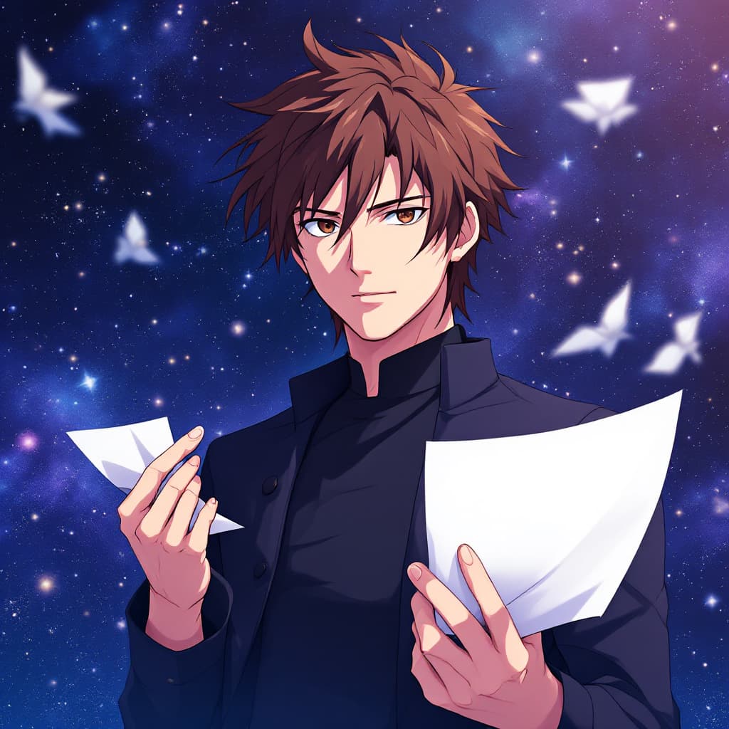 AI generated: The anime poster features the handsome protagonist, holding and folding paper in his hand ,The backg...