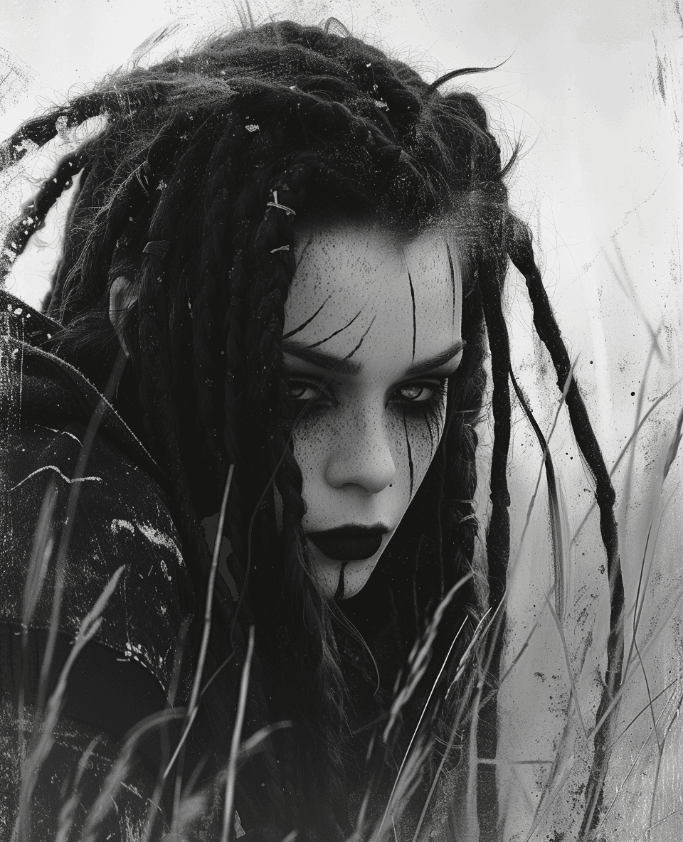 AI generated: a woman with dread locks and makeup is in the field, in the style of monochrome painting, cybergoth,...