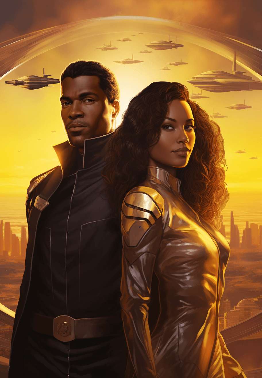 AI generated: A space opera, uniformed man and woman, pointing to the sky with an airship in the background in the...