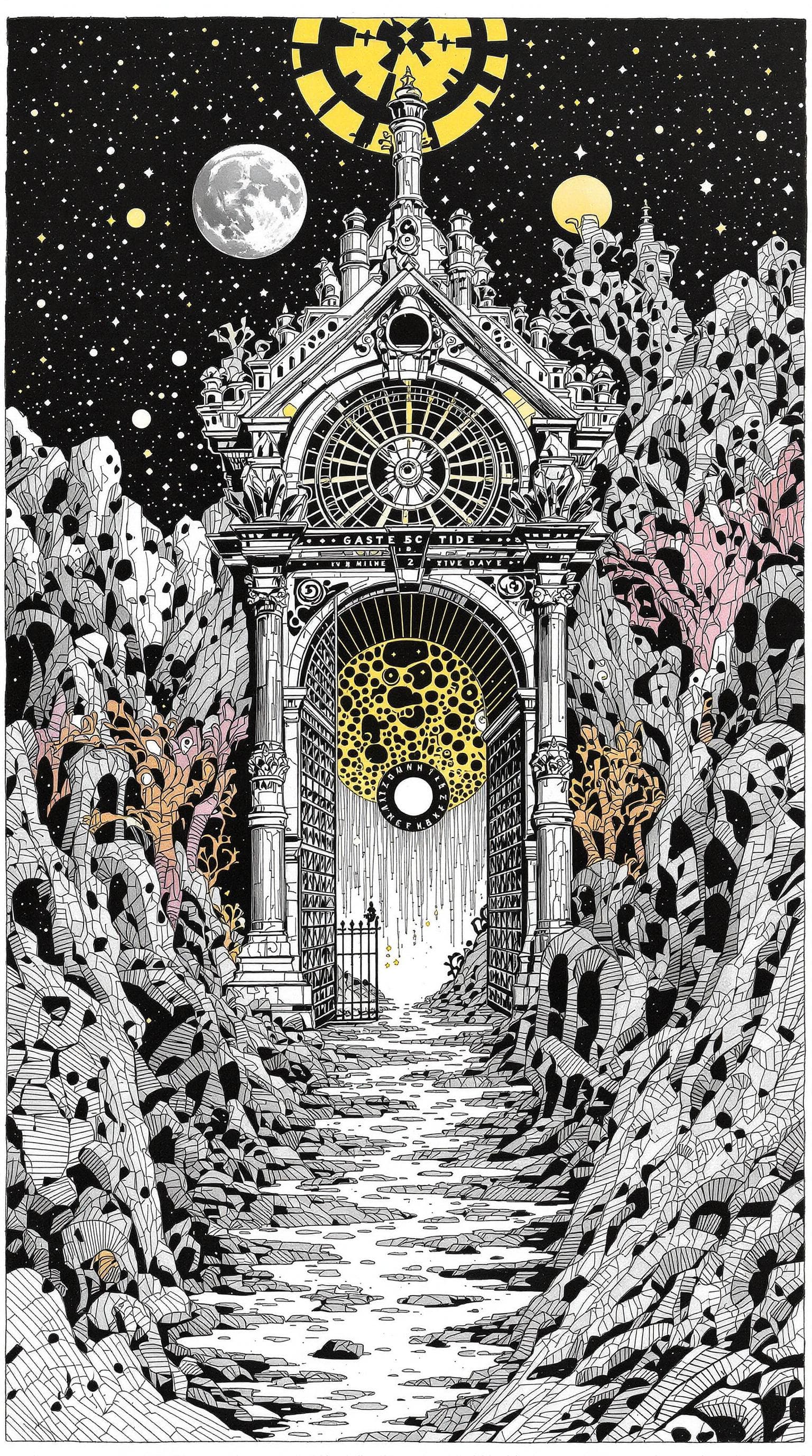 AI generated: A captivating and surrealistic ink artwork of a ten mile wide gate