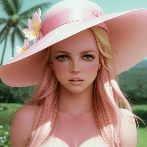 AI generated: Britney Spears wearing a hat, lush flowery outdoors, shot on anamorphic lenses, photo of a model, 20...