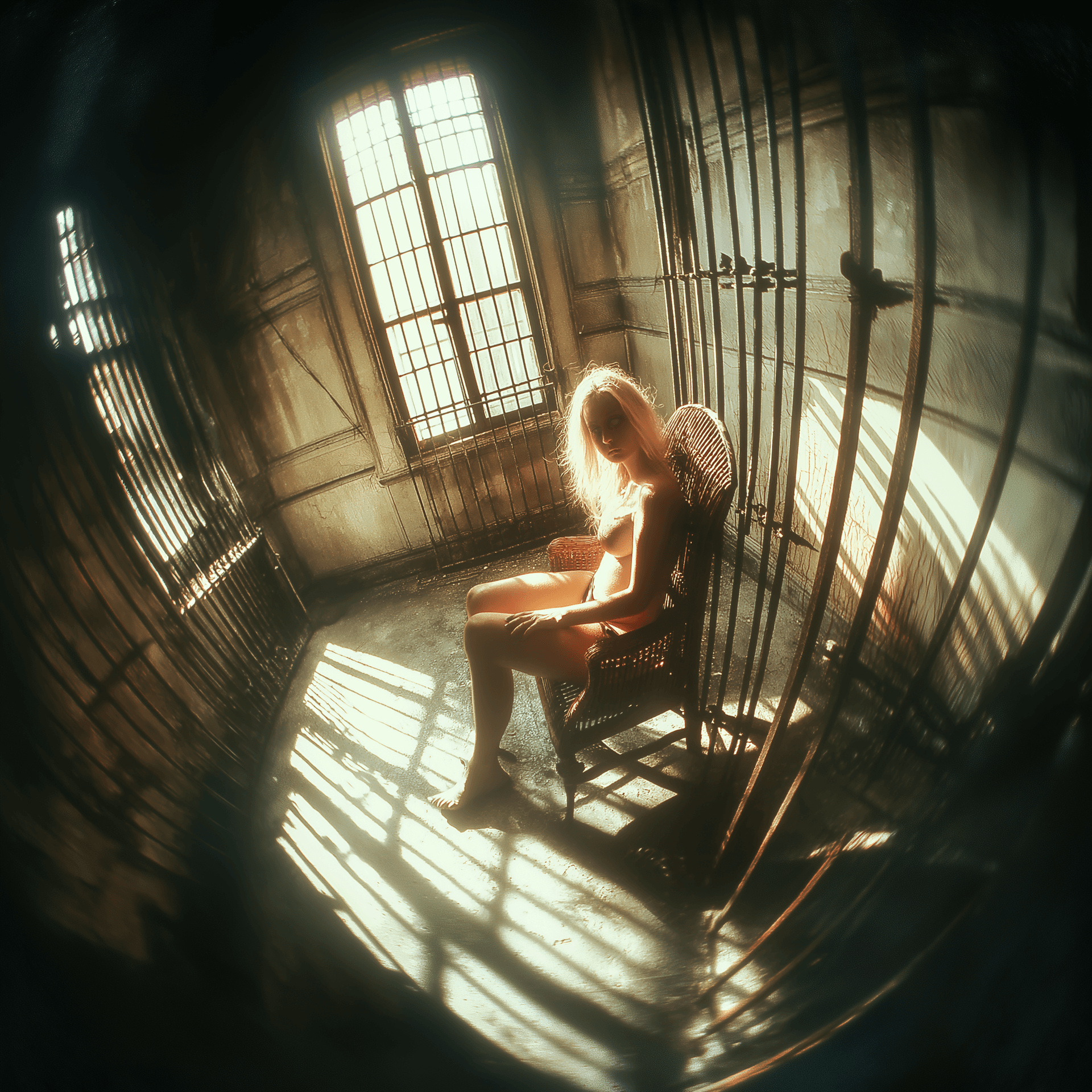 AI generated: Polaroid photo of an occult beautiful woman sitting on a dark wood chair and watching to the camera ...