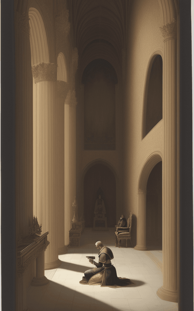 AI generated: Side view from the servant's perspective of the large throne room in which the king sits on the thro...