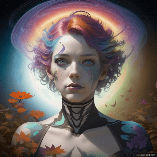 AI generated: beautiful angle view of Species woman individual from another planet with multicolored hair, beautif...