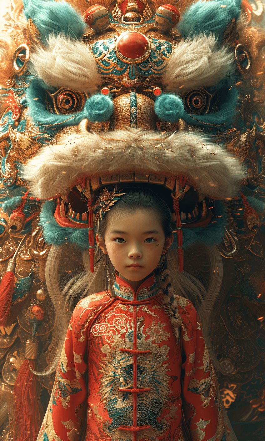 AI generated: a chinese boy is standing in front of a lunar new year dragon, in the style of digital painting, int...
