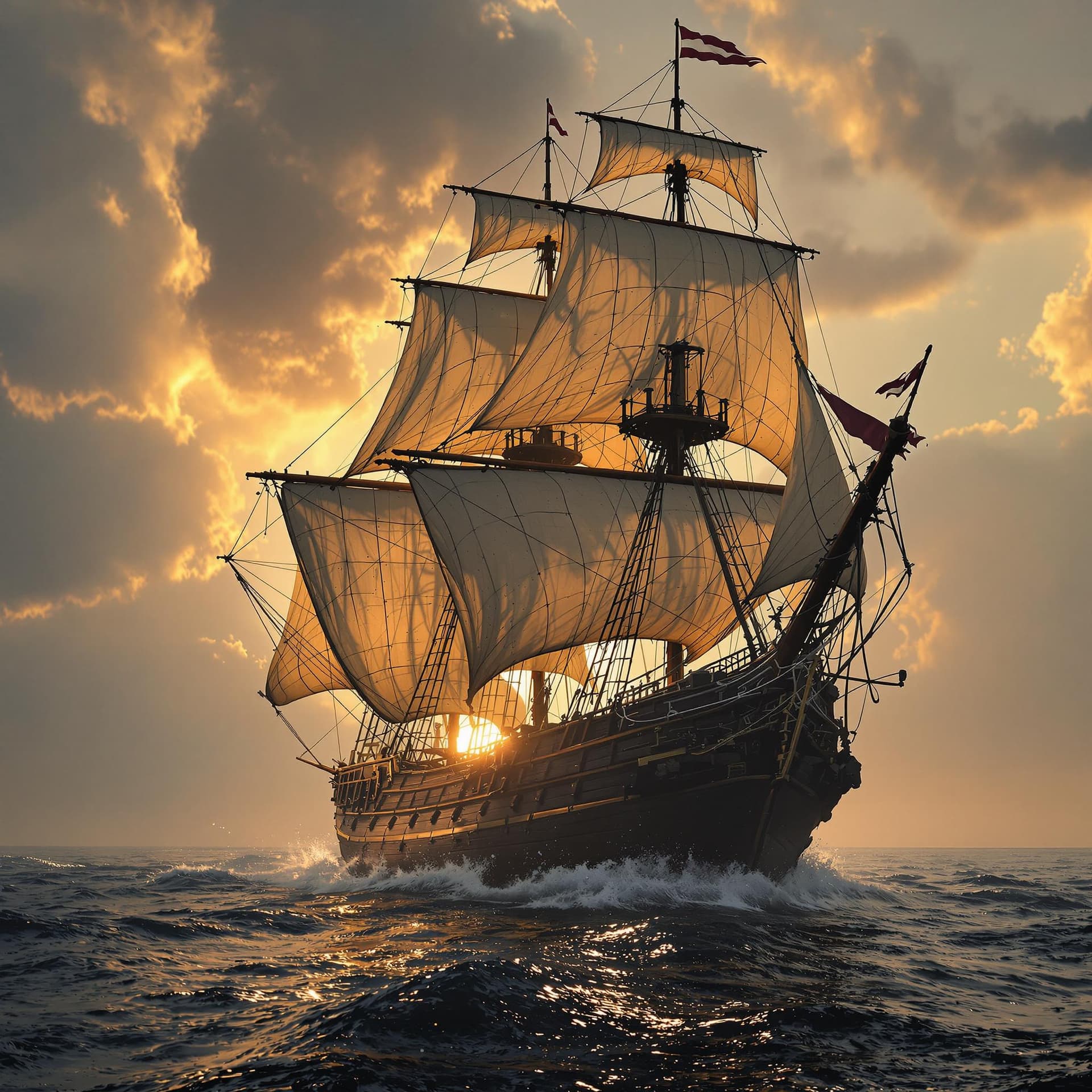 AI generated: Photo of a ultra realistic sailing ship, dramatic light, pale sunrise, cinematic lighting, battered,...