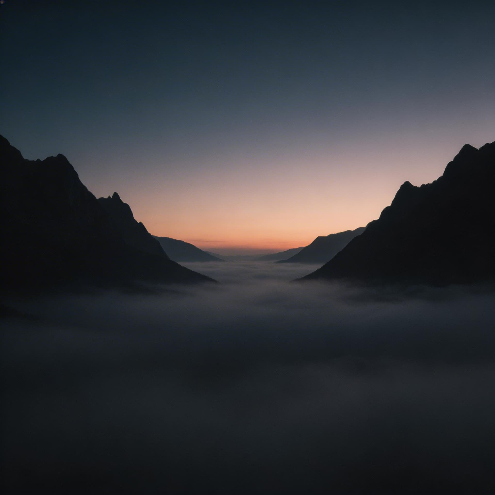 AI generated: dark mountain landscape silhouette at dusk, fog rolling through the valley, cinematic lighting, stoi...