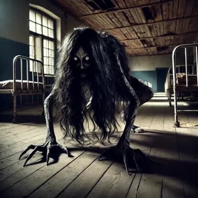 AI generated video: A grotesque creature crawling with elongated limbs and wild hair while flickering shadows dance acro...
