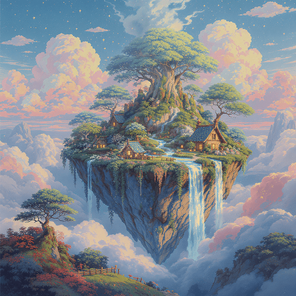 AI generated: 16-bit pixel art, a magical floating island above the clouds, lush greenery, waterfalls spilling int...