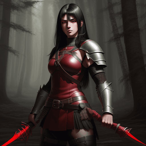AI generated: A strong young mercenary with blackhair, holding a large spear. Wearing a medium only red leather ar...