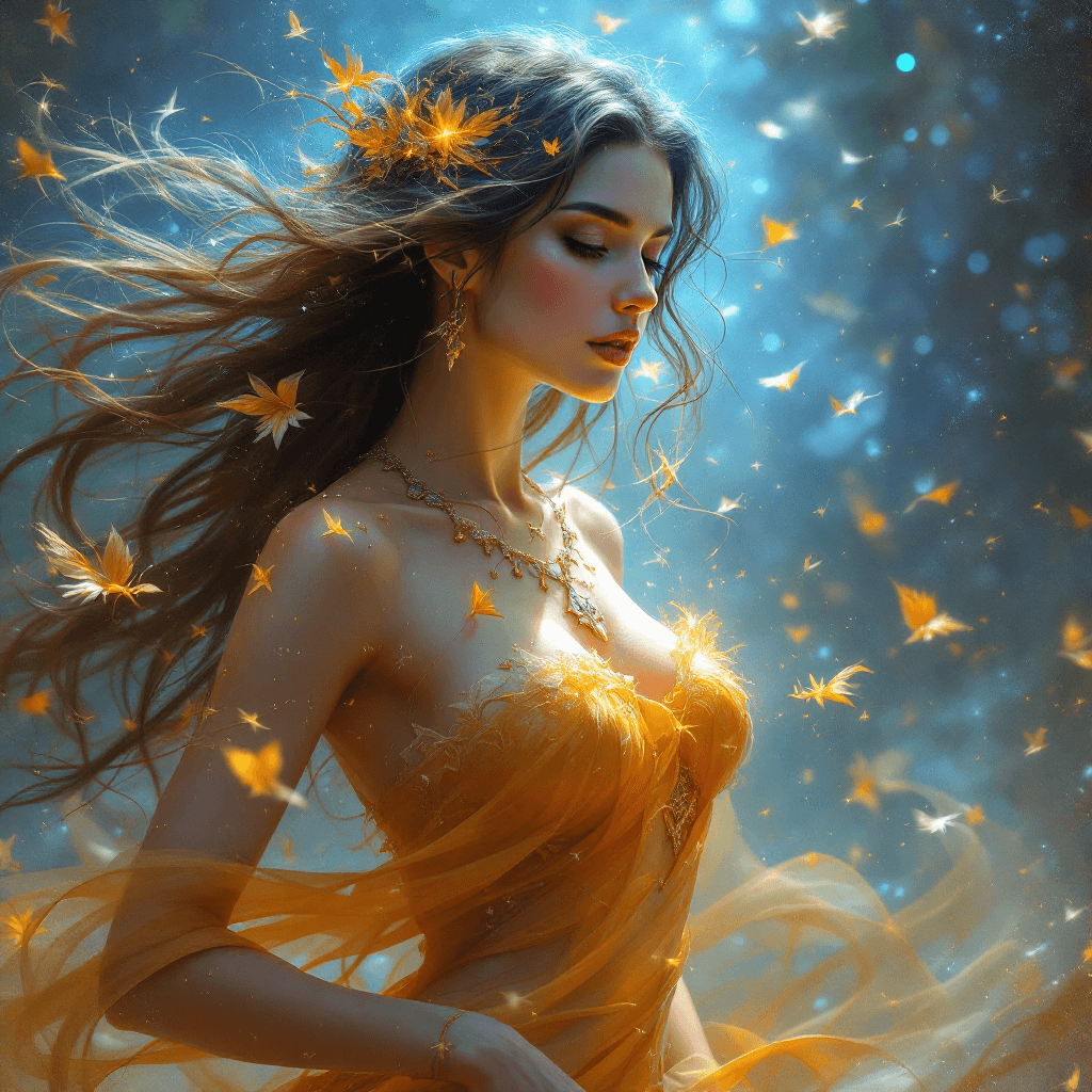 AI generated: Fantasy world where a woman is a living, breathing aura of shifting emotional energy, her presence f...