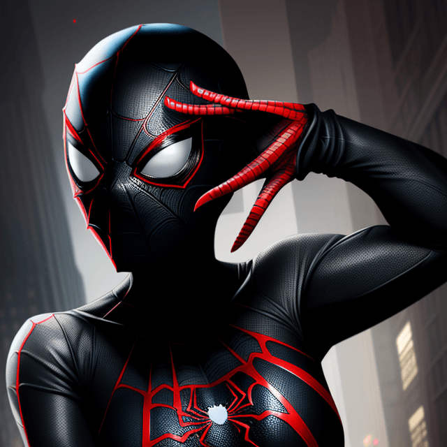 AI generated: spider-girl, black short hair, black suit with big red spider logo, black mask covering the whole fa...