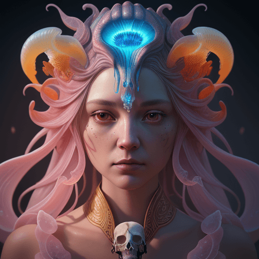 AI generated: Goddess close-up portrait ribcagel. jellyfish phoenix head, nautilus, orchid, skull, betta fish, bio...