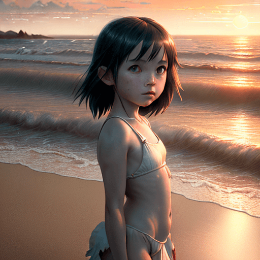 AI generated: Photo of a loli girl at the beach,dramatic light, pale sunrise, cinematic lighting, battered, low an...