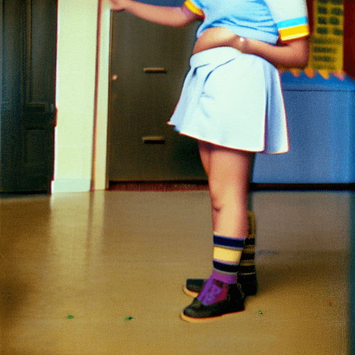 AI generated: color photo of a 19 year old girl wearing a school uniform and showing her wet adult diaper to the s...