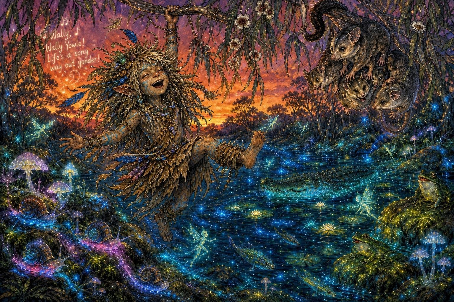 AI generated: In a surreal, whimsical world where Aussiecore DreamtimeFunk meets WyldeFey elemental aesthetics, a ...