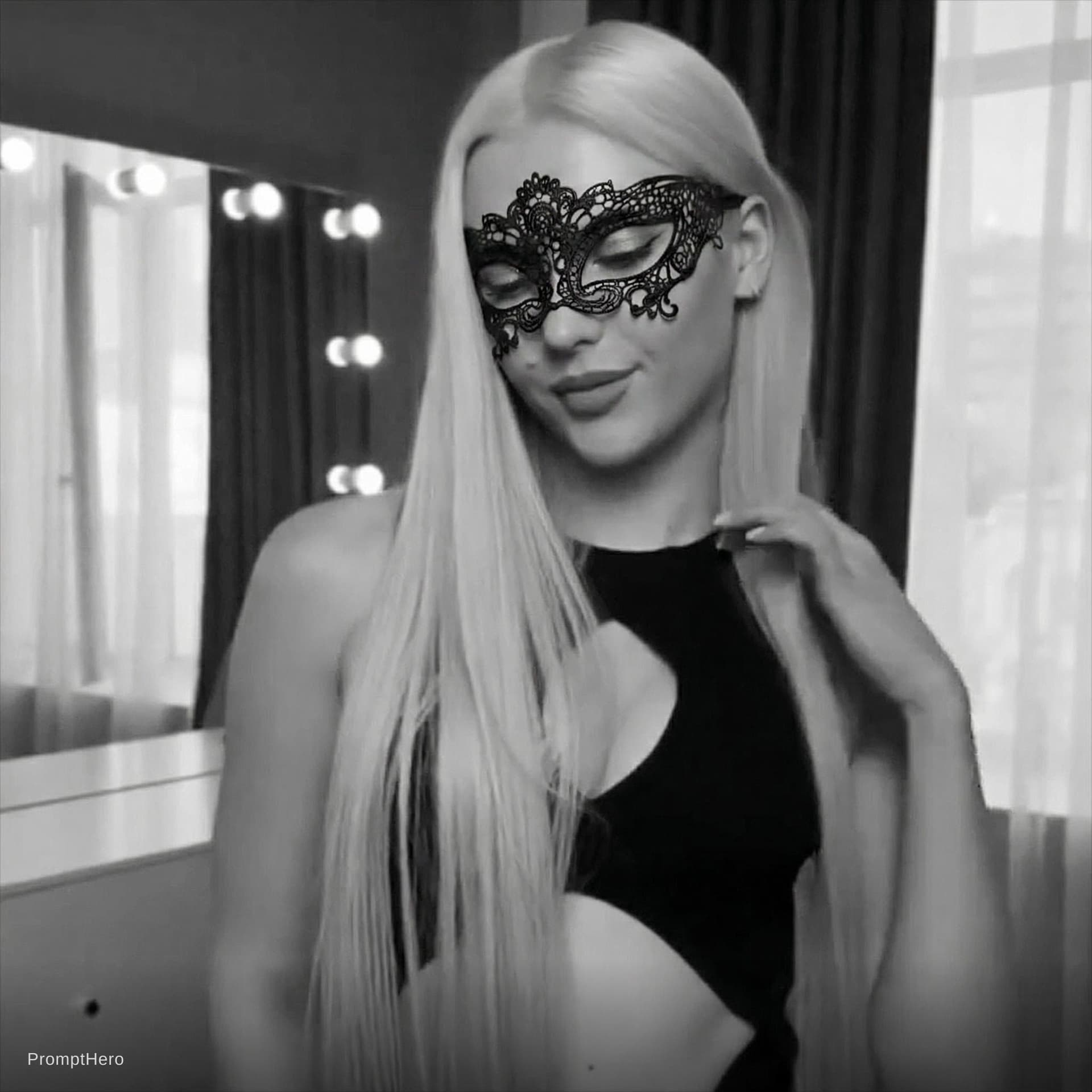 AI generated: put me a small venitian laced black mask.
