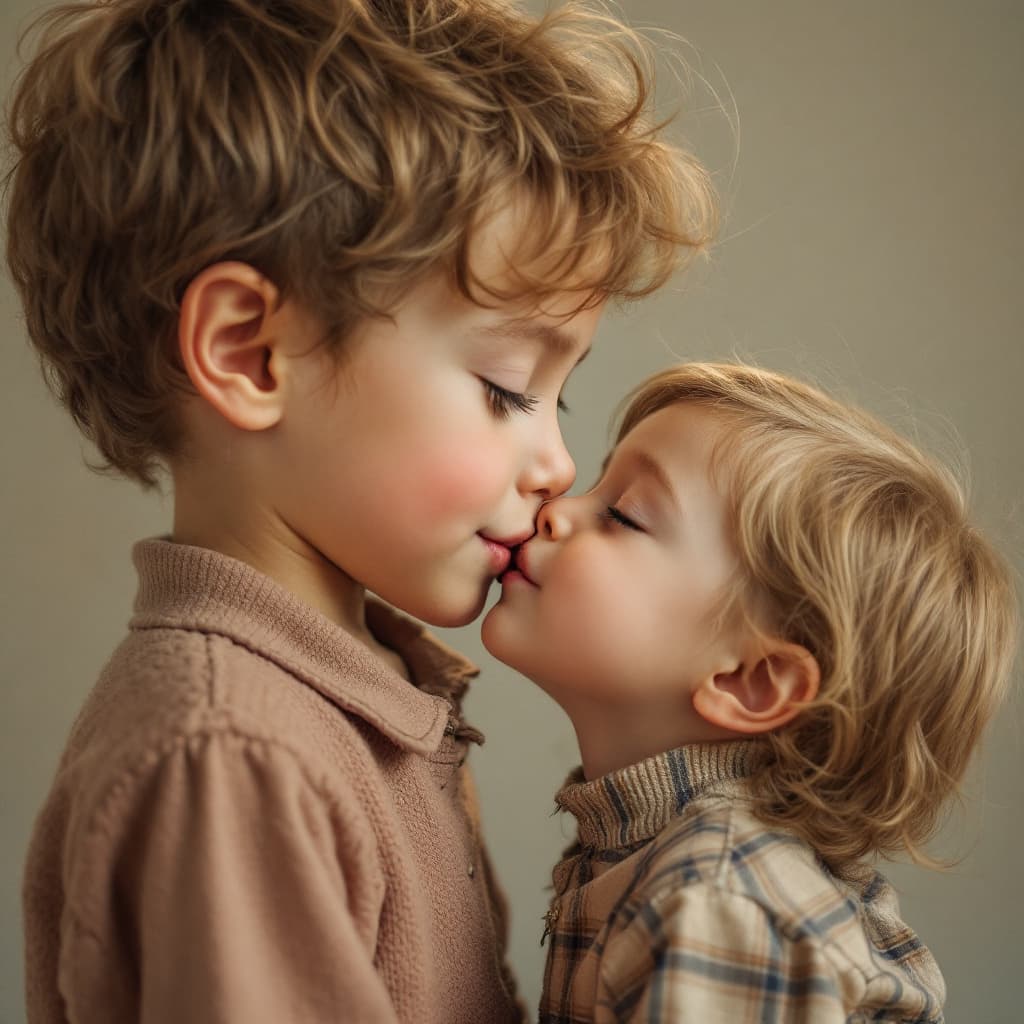 AI generated: a 12yo girl and boy pretty face looking at each other and kissing 