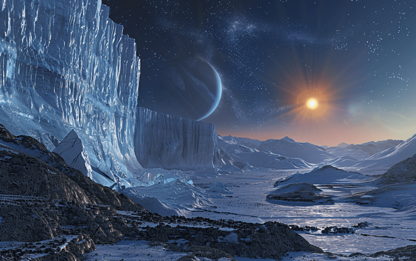 AI generated: An icy landscape under the glow of an alien sun, with frozen mountains and rocky terrain. The sky is...