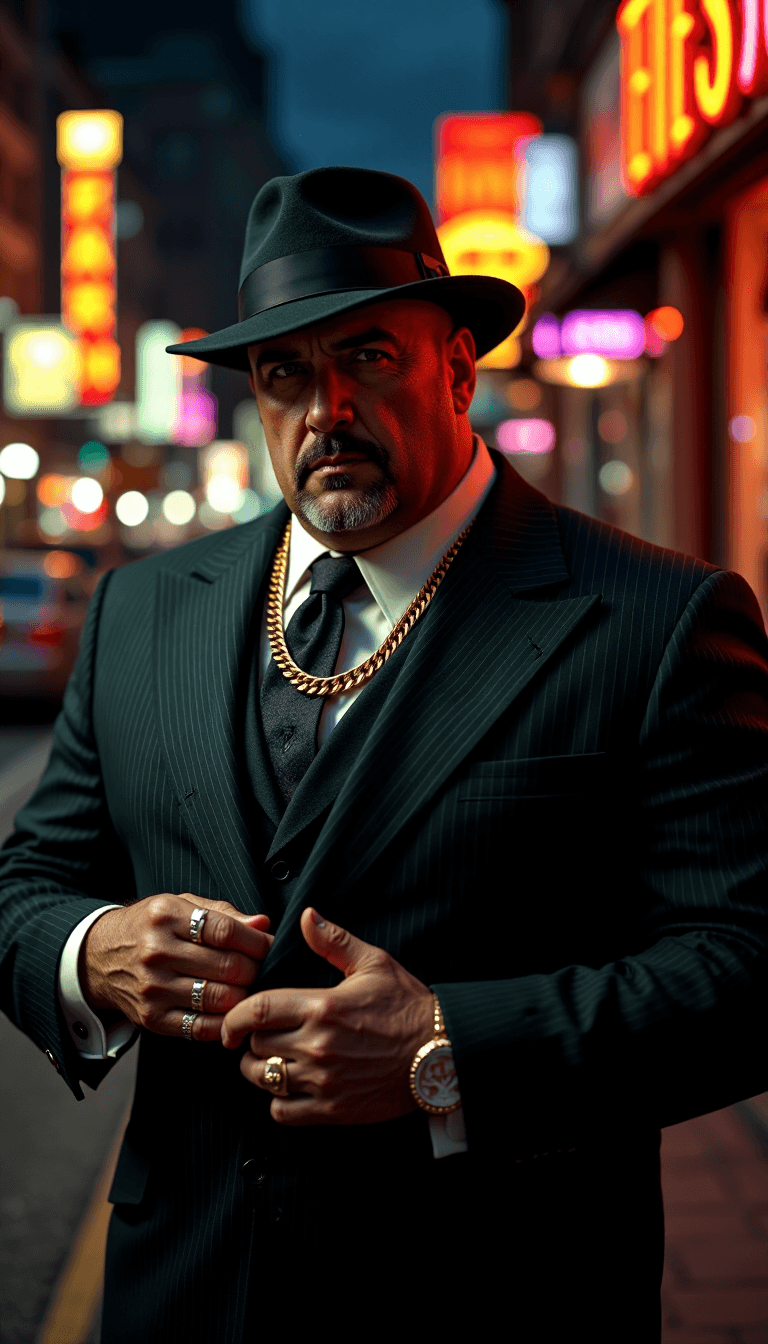 AI generated: A highly detailed, photorealistic mid-shot of a 40-year-old mafia boss with a large, imposing physiq...