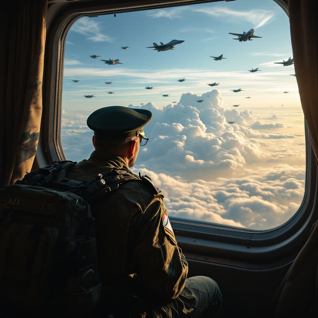 AI generated: The camera zooms in from behind the army general towards the window, showing a sky filled with fight...