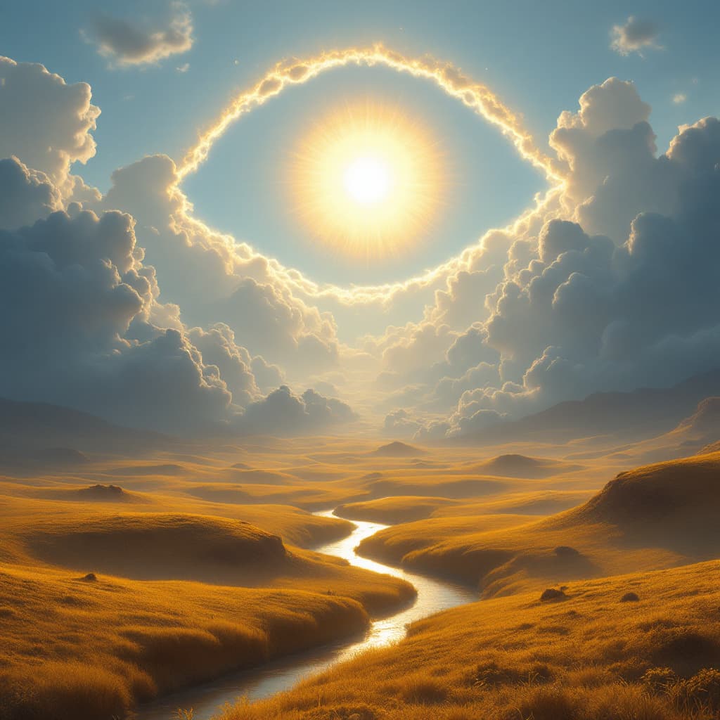AI generated: A surreal, bright, hyperrealistic landscape bathed in golden morning light. Puffy clouds form a gent...