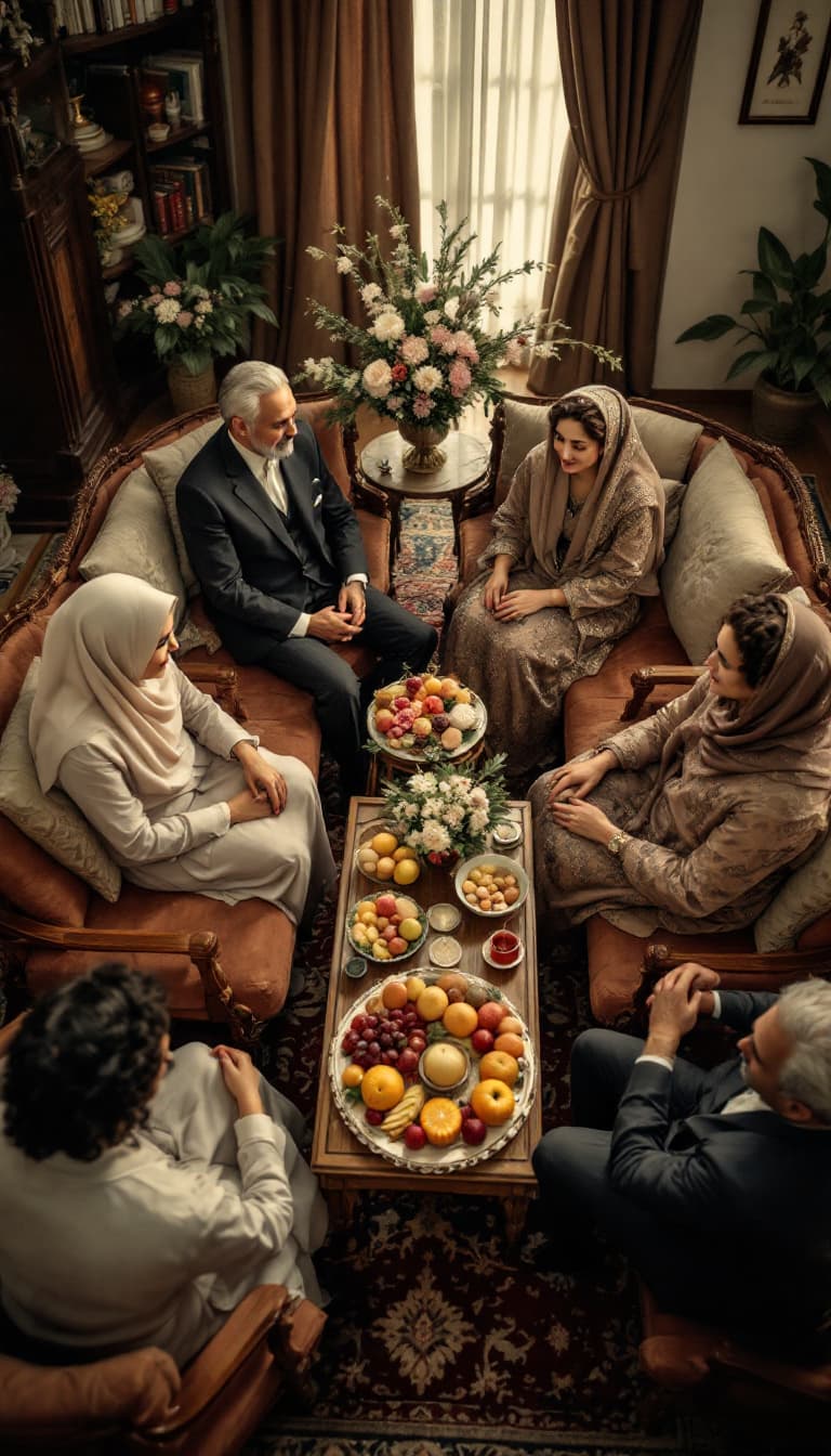 AI generated: high angle shot, traditional Iranian engagement gathering in a warm and nostalgic 1950s setting. The...