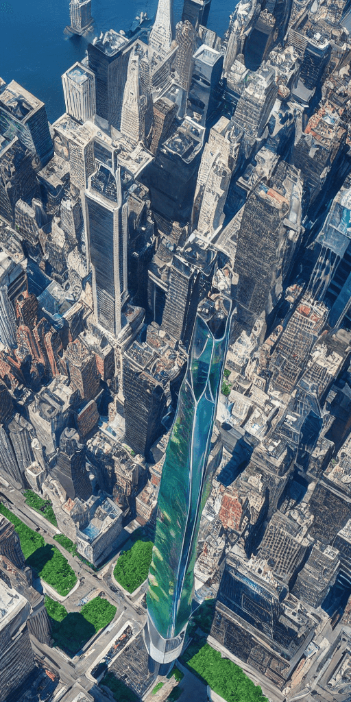 AI generated: high resolution photography, aerial view of a giant fish tank shaped like a tower in the middle of n...