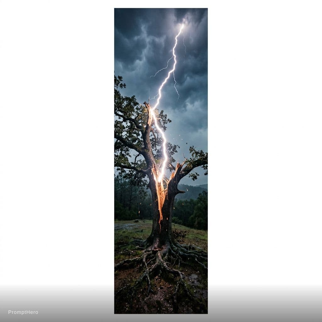AI generated: 3inch wide by 20 inch tall , lightning strike coming from clouds on a tree splitting the tree , with...