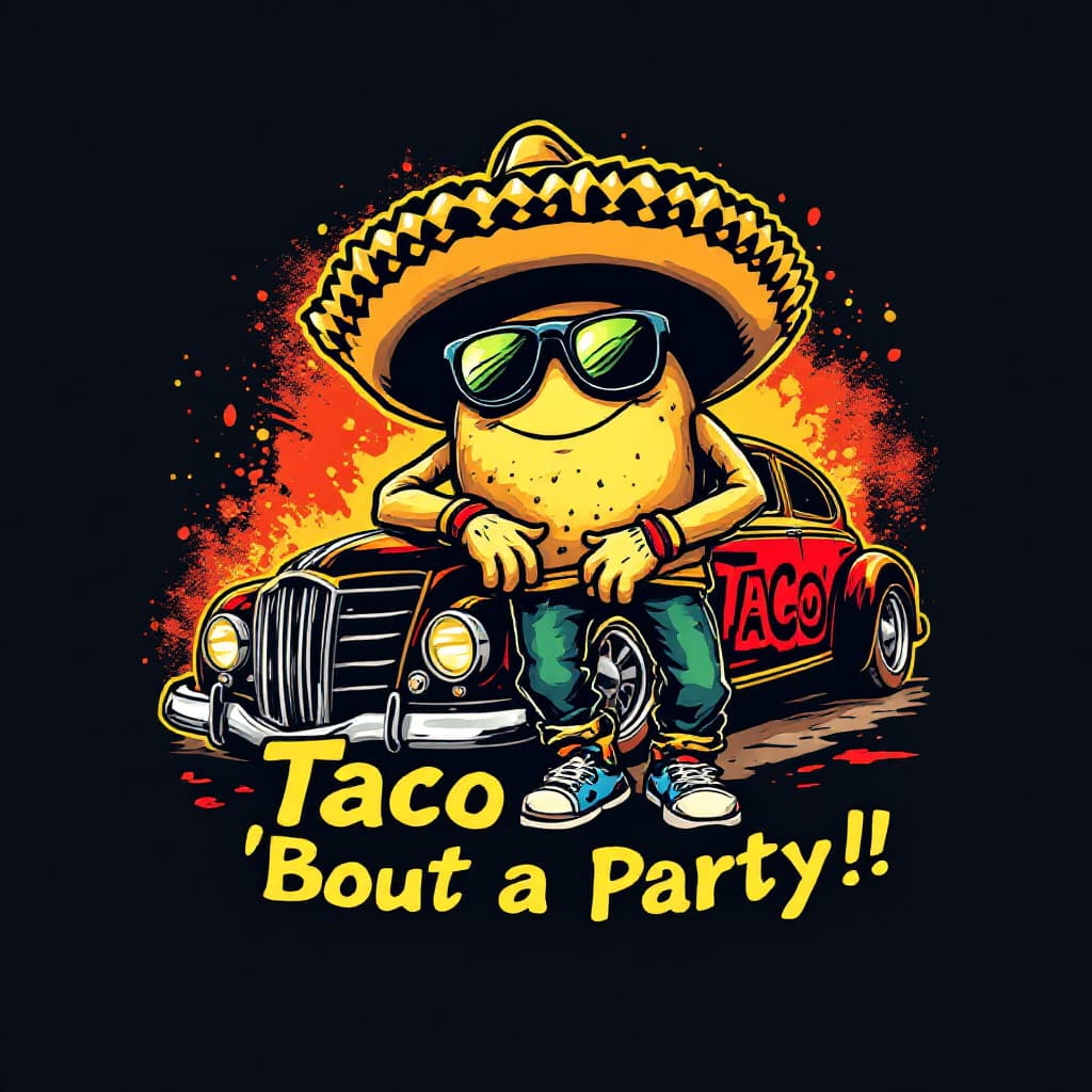 AI generated: A graffiti-style taco character wearing a sombrero and shades, leaning against a lowrider with bounc...