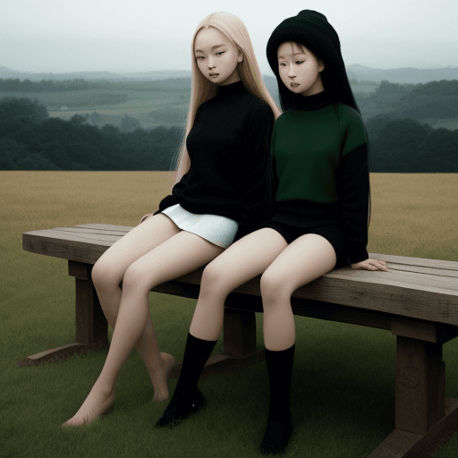 AI generated: a couple of women sitting on top of a wooden bench, inspired by Ren Hang, tumblr, standing in grassy...