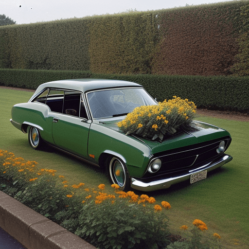 AI generated: disposable photography of a classic car is crashed on flowerbed, 8k, --ar 4:3