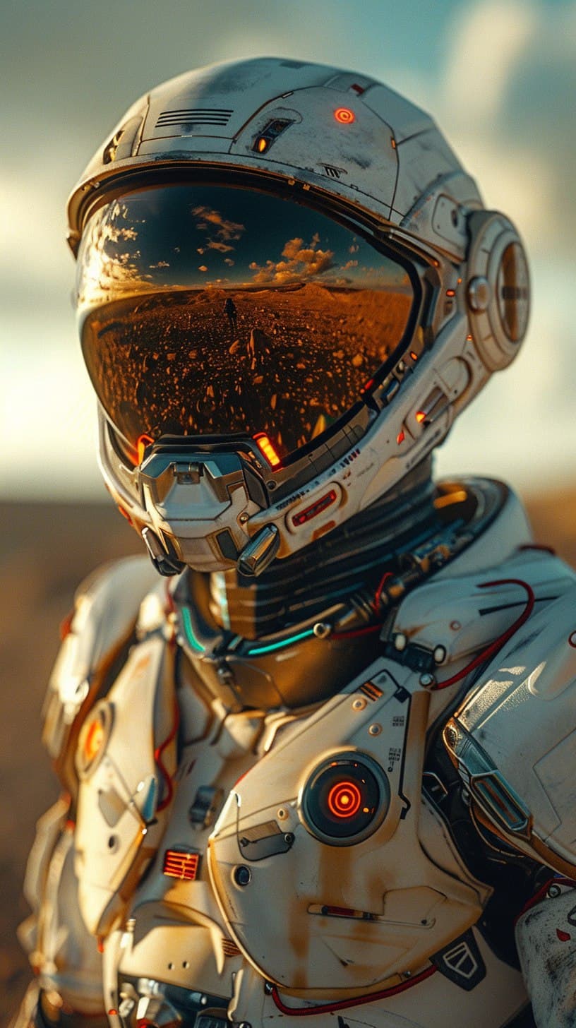AI generated: film photography of a robot driving a spaceship,medium shot , in the desert,wearing a helmet and goo...