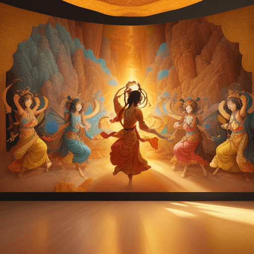 AI generated: Kizil Grottoes murals, paintings, heavy color paintings, 13 Bodhisattvas, dancing to music, fairy cl...
