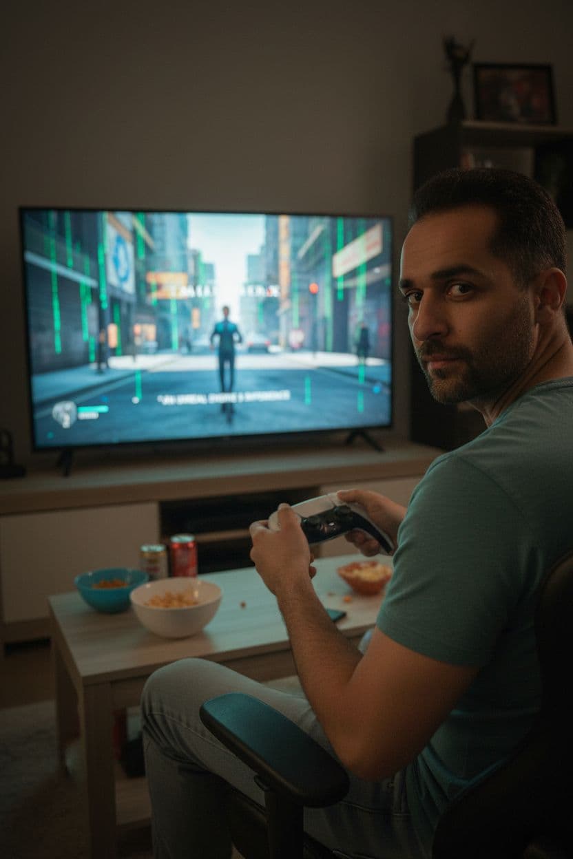 AI generated: my image character watching you as he plays the playstation to the Matrix game that he is with his b...