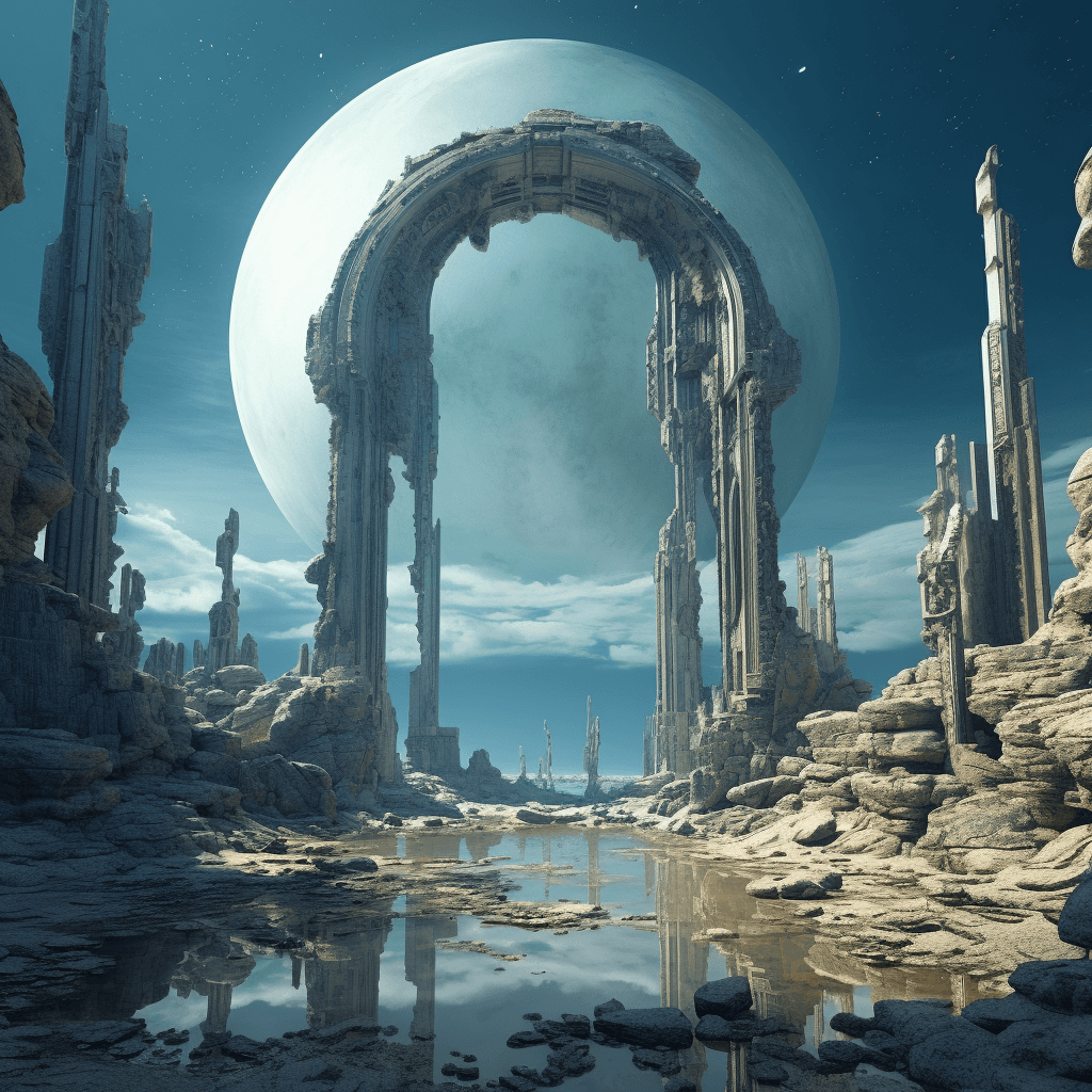 AI generated: lien ruins, scifi, future, golden ratio, by Edmund Blair Leighton, Brom, Charlie Bowater, faces by T...