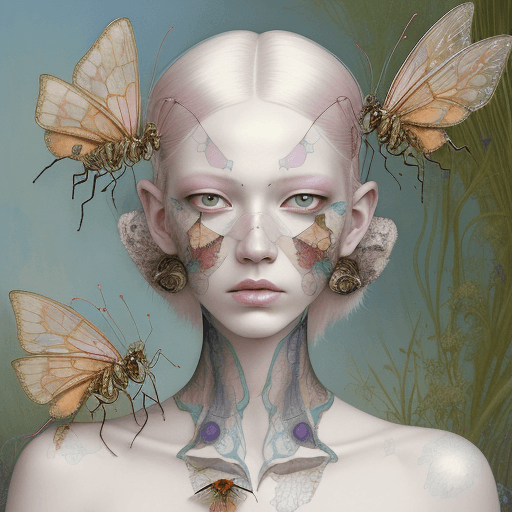 AI generated:  a watercolor that features an albino vogue model with colorful hair, made of insects ebecca guay, J...